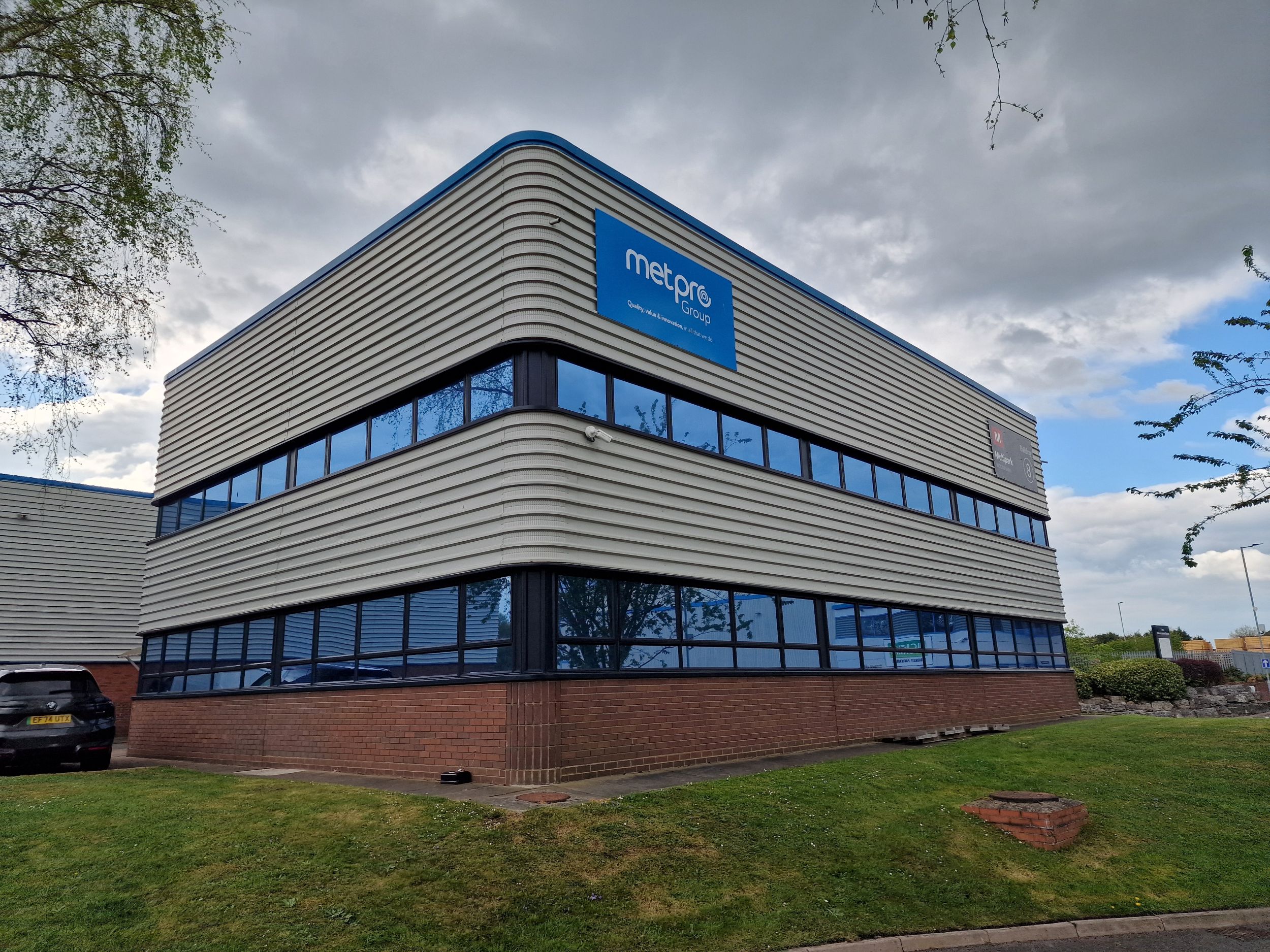 Blue window tints on the Metpro offices, taken outside